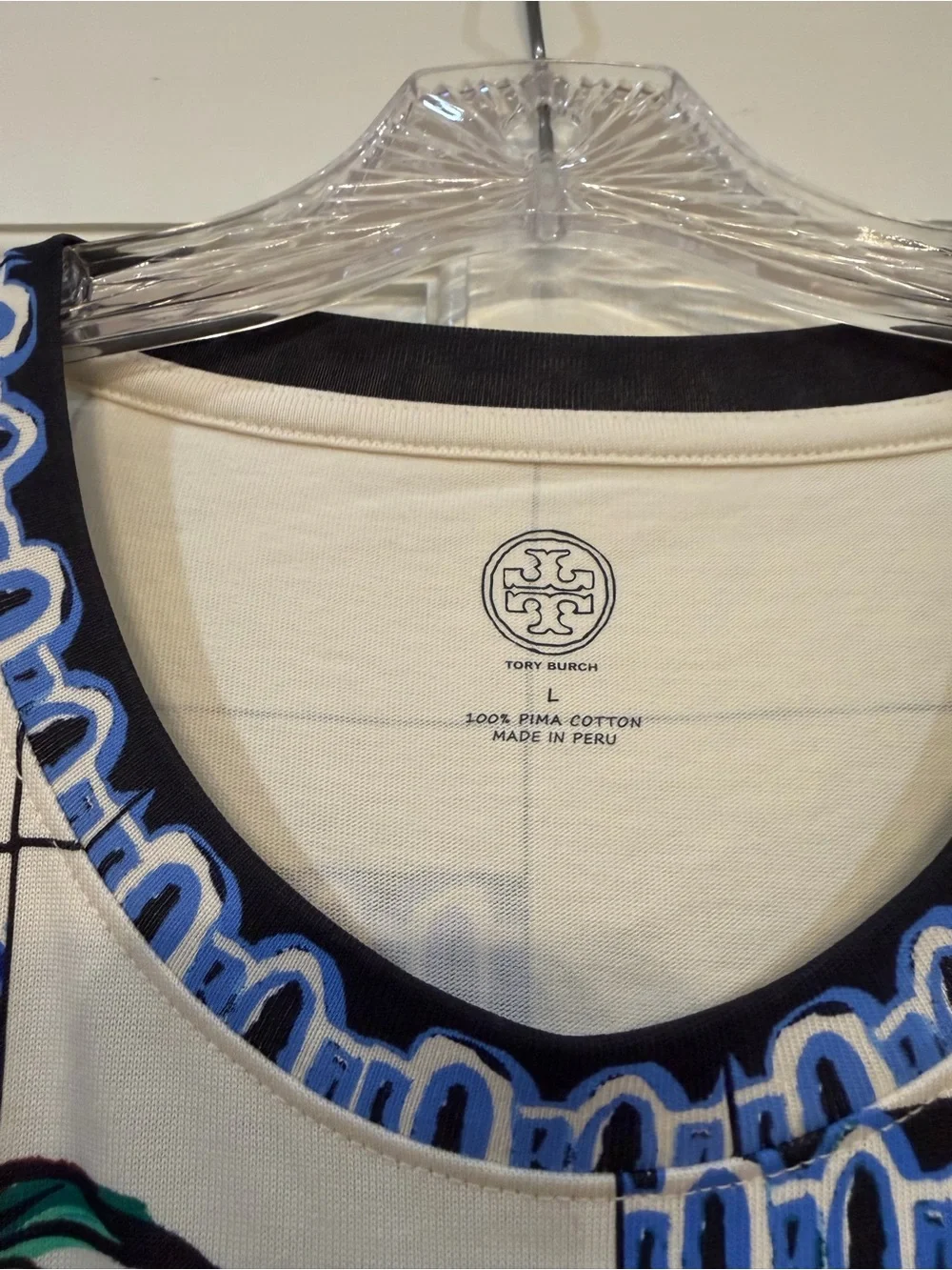 Tory Burch Blue and Cream Patchwork Tile Short Sleeve Mini Dress